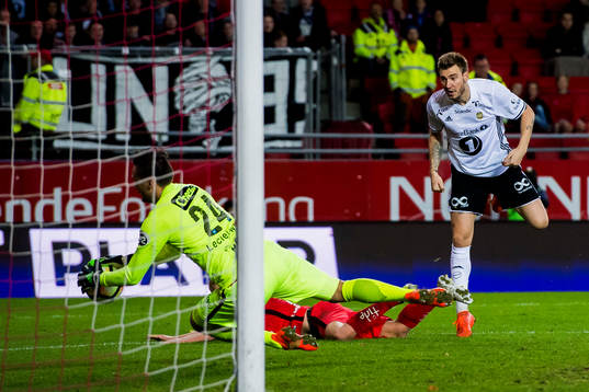 Nicklas Bendtner of Rosenborg and Goalkeeper Piotr