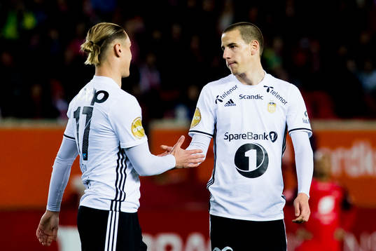 Milan Jevtovic of Rosenborg celebrates with his teammate