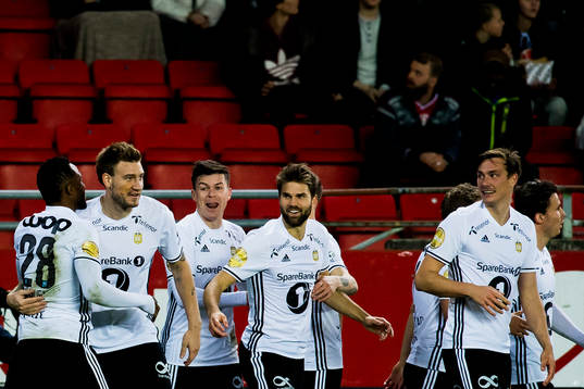Nicklas Bendtner of Rosenborg celebrates with his teammates