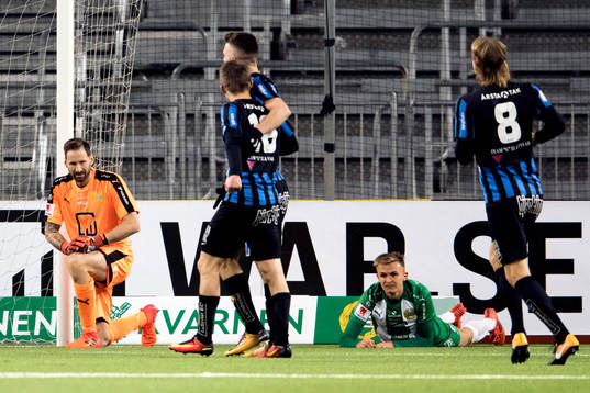 Hammarbys målvakt Johan Wiland och Oscar Krusnell deppar