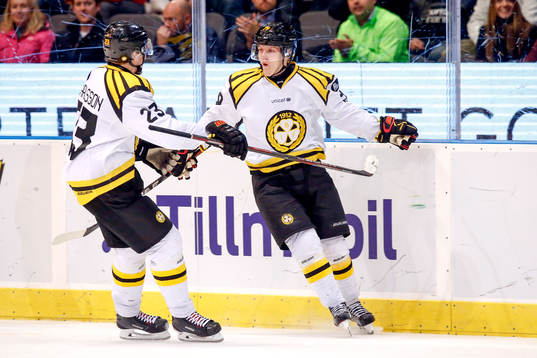 Brynäs Daniel Mannberg jublar med Lucas Carlsson