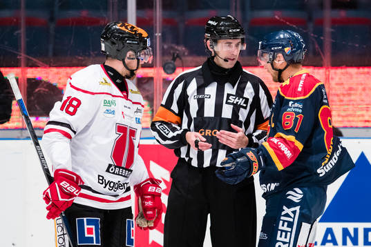 Djurgårdens Calle Ridderwall (h) diskuterar med Domare