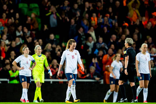 Ingrid Schjelderup of Norway looks dejected as Netherlands