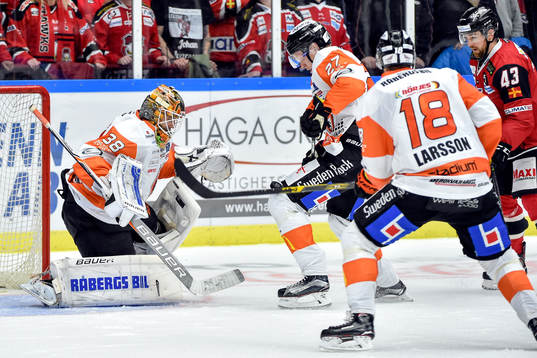 Malmö Redhawks Nichlas Hardt och Karlskronas målvakt