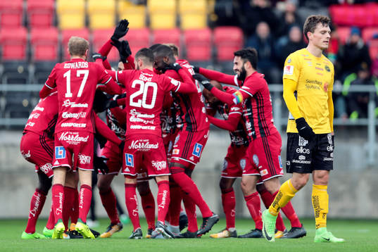 Östersunds Sotirios Papagiannopoulus jublar med lagkamrater