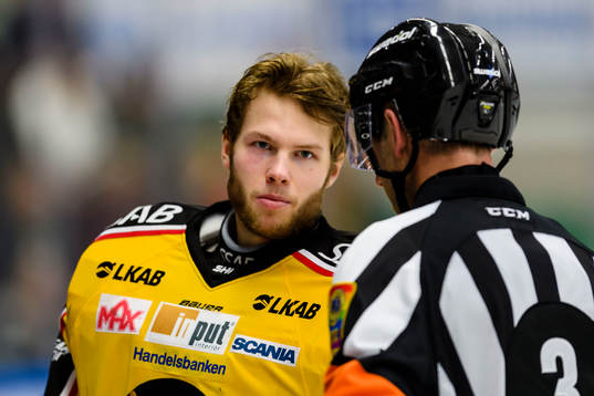 Luleås målvakt Filip Gustavsson i samtal med domare Linus