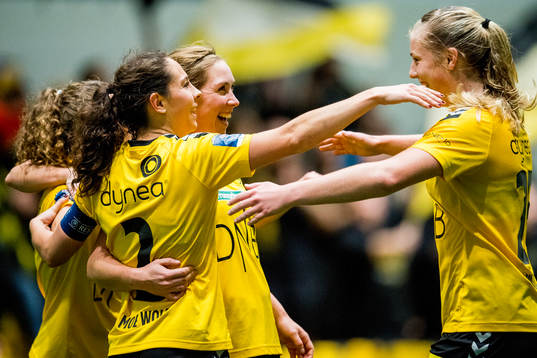 Marte Berget of LSK Kvinner celebrates with Ingrid Moe Wold