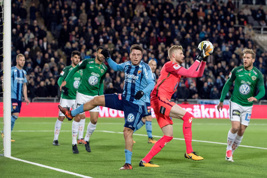 Djurgårdens Kerim Mrabti utmanar Jönköpings målvakt