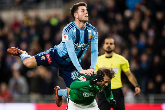 Djurgårdens Kerim Mrabti och Jönköpings Robert Gojani