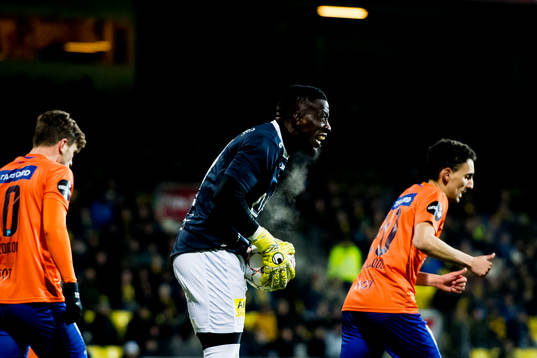 Athanasios Papazoglou of Aalesund, goalkeeper Arnold Otieno