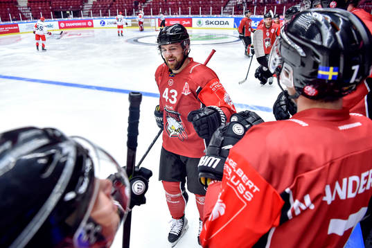 Nichlas Hardt of Malmö Redhawks celebrates with his