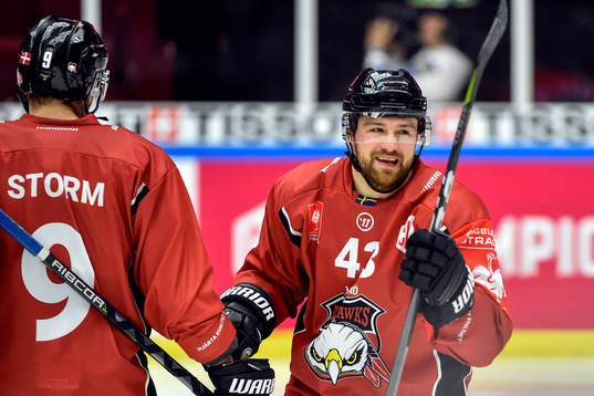 Nichlas Hardt of Malmö Redhawks celebrates with his