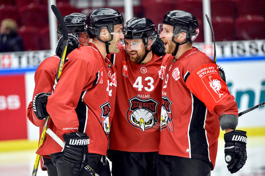 Nichlas Hardt of Malmö Redhawks celebrates with his