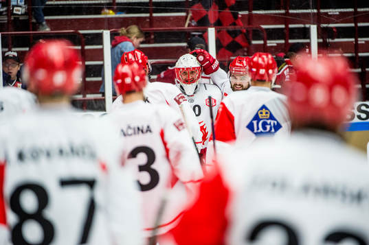 Goalkeeper Simon Hrubec of Ocelari Trinec cheering with the