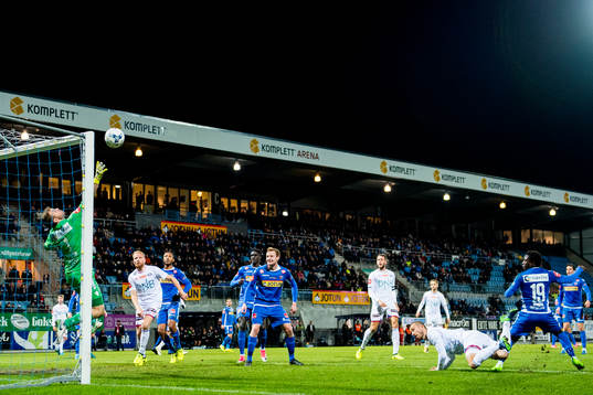 Goalkeeper Ingvar Johnson of Sandefjord saves the attempt