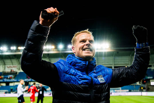 Christian Michelsen, head coach of Kristiansund, celebrates