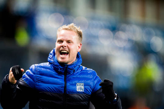 Christian Michelsen, head coach of Kristiansund, celebrates