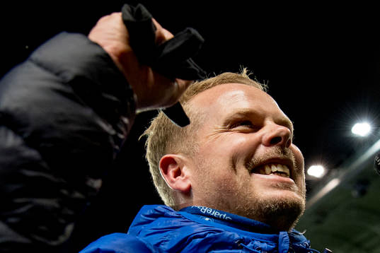 Christian Michelsen, head coach of Kristiansund, celebrates
