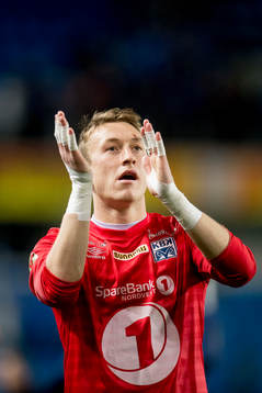 Goalkeeper Sean McDermott of Kristiansund celebrates