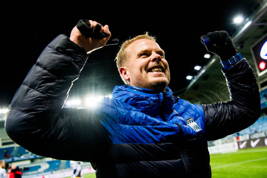 Christian Michelsen, head coach of Kristiansund, celebrates