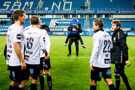 Christian Michelsen, head coach of Kristiansund, celebrates