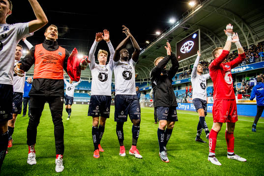 Sondre Sørli and Aliou Coly of Kristiansund celebrate