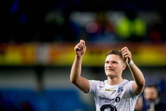 Benjamin Stokke of Kristiansund celebrates