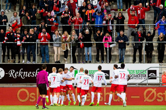Ulrik Flo of Fredrikstad celebrates with his teammates