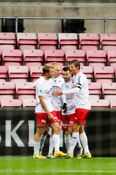 Joona Veteli of Fredrikstad celebrates with his teammates