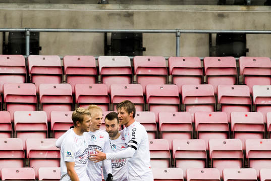 Joona Veteli of Fredrikstad celebrates with his teammates
