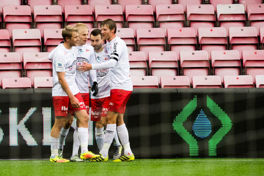 Joona Veteli of Fredrikstad celebrates with his teammates