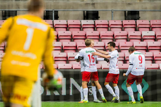 Joona Veteli of Fredrikstad celebrates with his teammates
