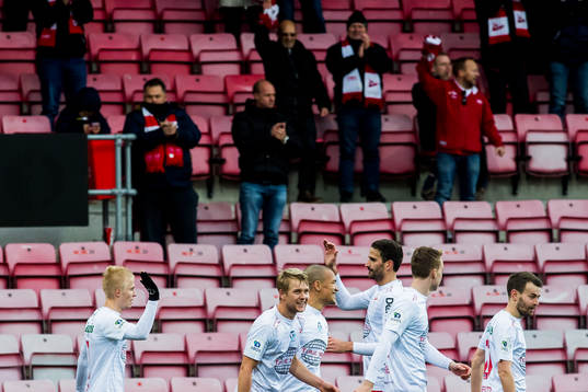 Joona Veteli of Fredrikstad celebrates with his teammates