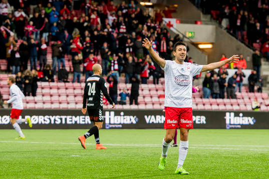 Sanel Kapidzic of Fredrikstad celebrates the 3-0 goal