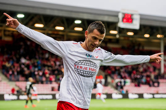 Rocky Lekaj of Fredrikstad celebrates the 3-0 goal