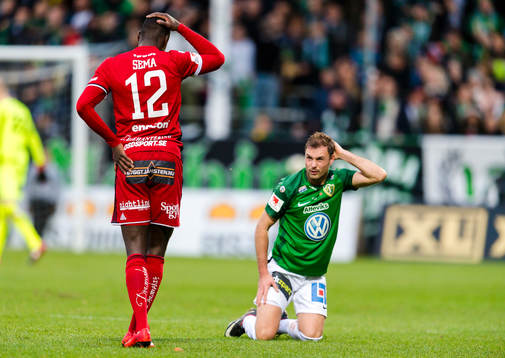 Östersunds Ken Sema och Jönköpings Tom Siwe tar sig för