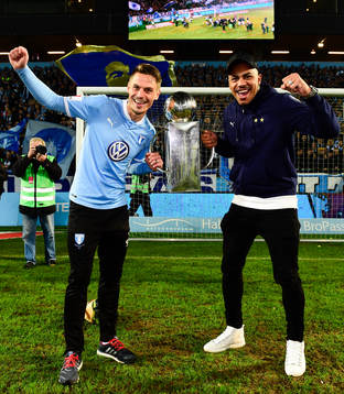 Malmö FFs Markus Rosenberg och Felipe Carvalho jublar med