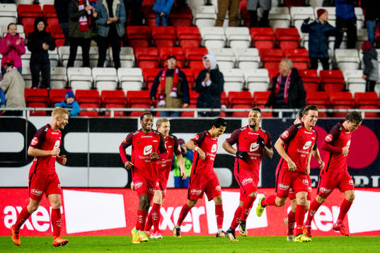 Jonas Grønner of Brann celebrates with teammates