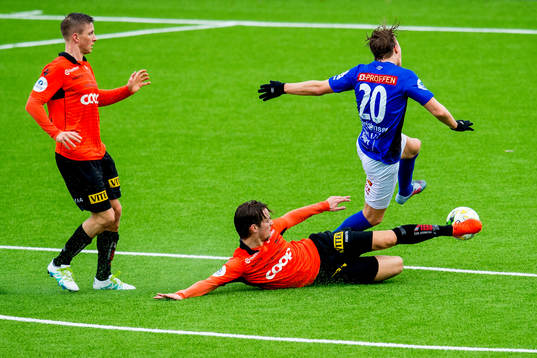Tobias Christensen of Start is brought down for a penalty