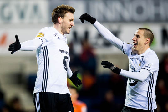 Nicklas Bendtner and Milan Jevtovic of Rosenborg celebrate