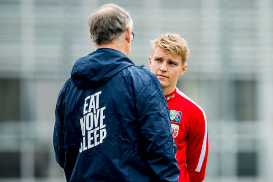 Lars Lagerbäck, head coach of Norway, and Martin Ødegaard