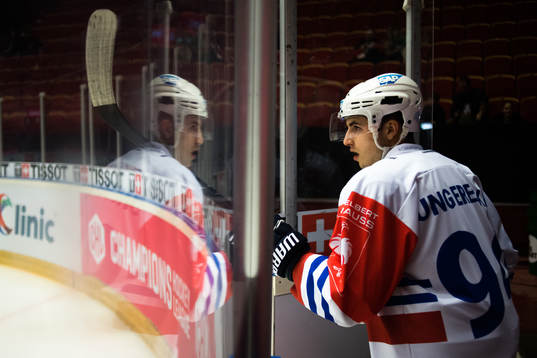 Phil Hungerecker of Adler Mannheim prior  the CHL game
