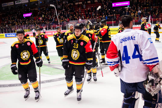 Kevin Clark and Elias Fälth of Brynäs celebrates