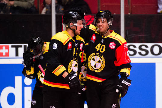 Jacob Blomqvist and Jesper Jensen of Brynäs celebrates the