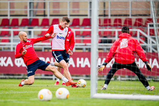 Tore Reginiussen and Alexander Sørloth of Norway in the