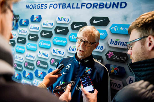 Lars Lagerbäck, head coach of Norway, speaks to the media