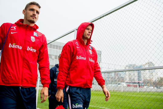 Gustav Valsvik and goalkeeper Ørjan Nyland of Norway