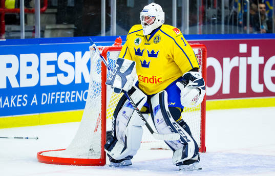 Sveriges målvakt Jhonas Enroth med en utespelarklubba