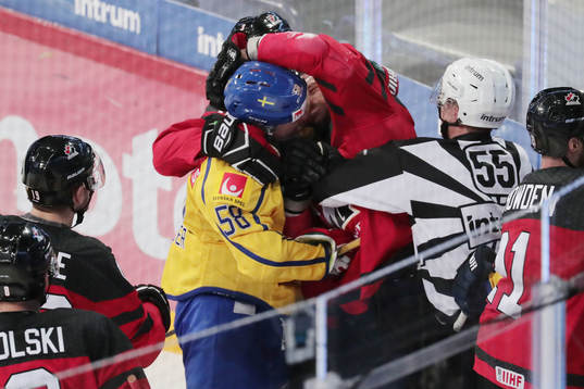 Anton Lander #58, Sweden and Jesse Blacker #11, Canada