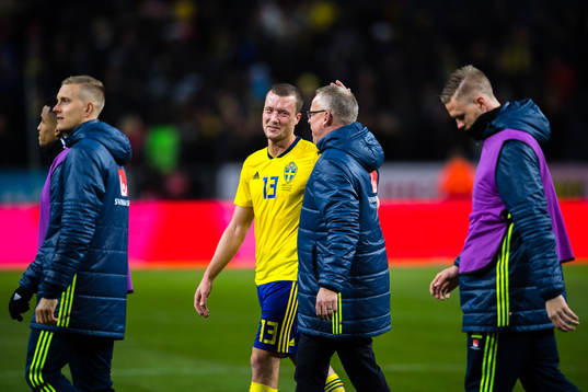 Sveriges Jakob Johansson och förbundskapten Janne